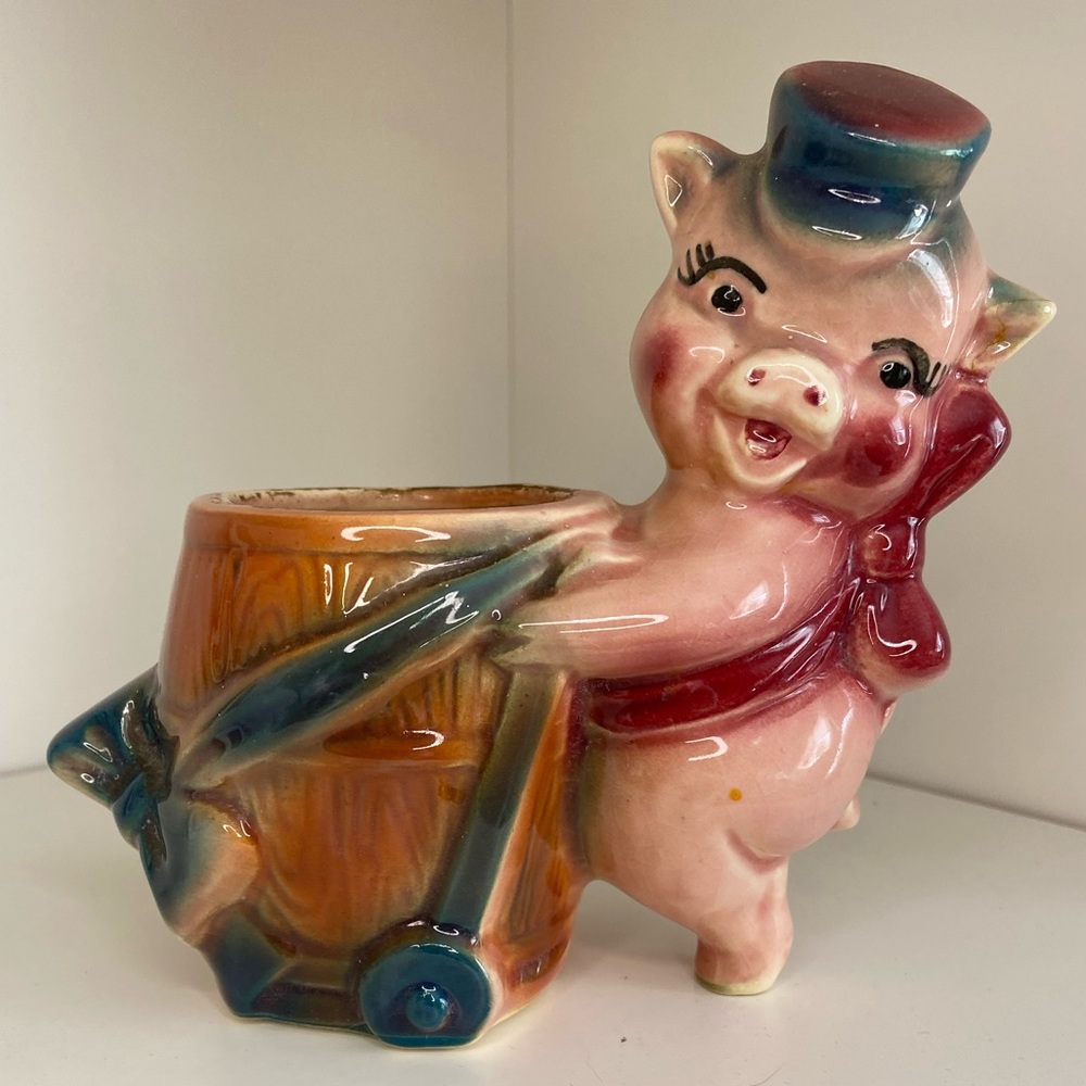 Vintage Royal Copley Ceramic Pig with a Barrel Planter for Small Plants Planter